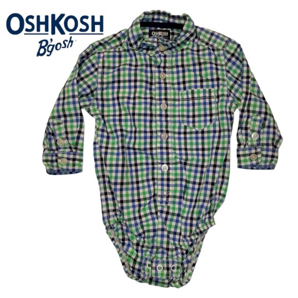 Oshkosh B'Gosh Baby Boys 18 Months Bodysuit Long Sleeve White Green Blue Checks